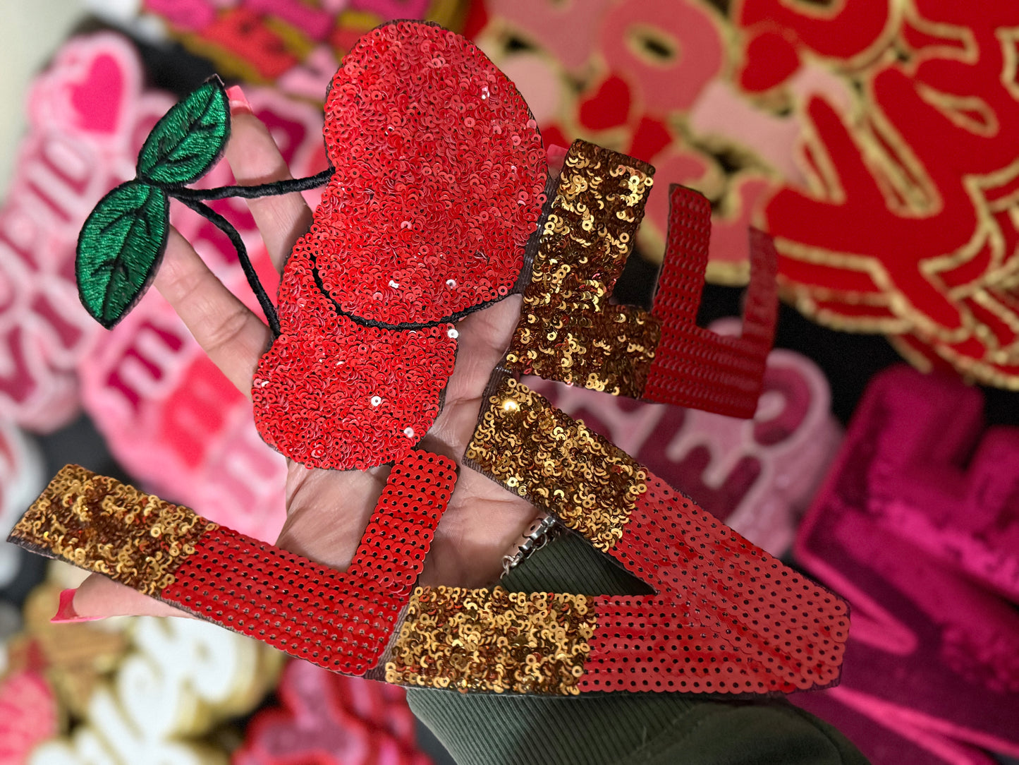 Love Cherry Red sequin patch